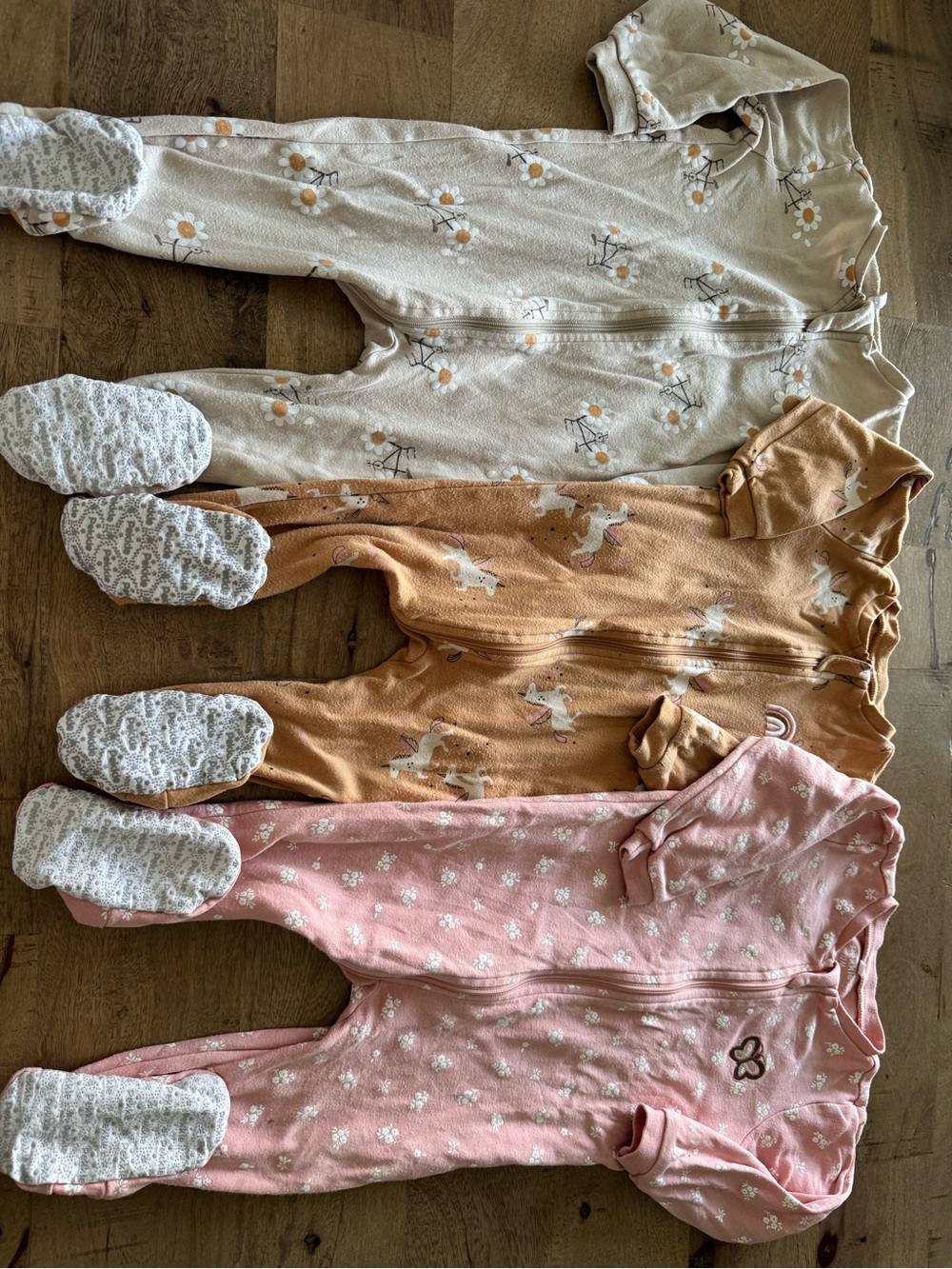 Pekkle bundle One-Piece Sleepers Cream, Tan unicorn Pink Floral size 12 months